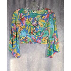 Billabong Cropped Top Floral Bell Sleeve Cutout Large Small Hippie Festival Summ